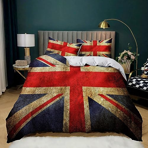 Bettwäsche 135x200cm Allergiker geeignet, Atmungsaktiv Soft Mikrofaser Vintage Union Jack-Flagge Muster Sets Bettbezug kinderbettwäsche mit Reißverschluss + 2X Kissenbezüge 80x80 cm