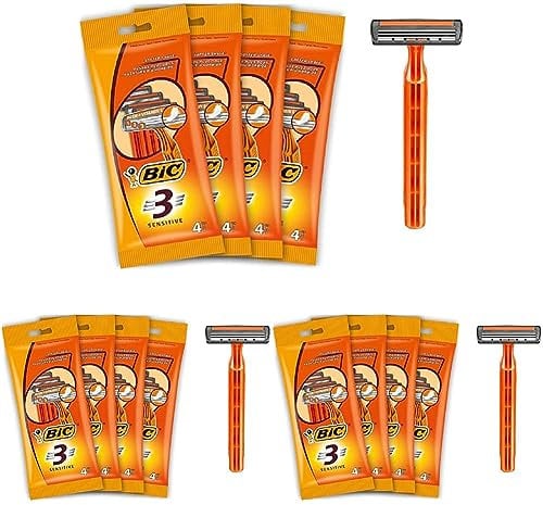 BIC 3 Sensitive Rasierer Herren, 16 Einwegrasierer mit je 3 Klingen, mit Aloe Vera & Vitamin E für eine sanfte Rasur (Packung mit 3)
