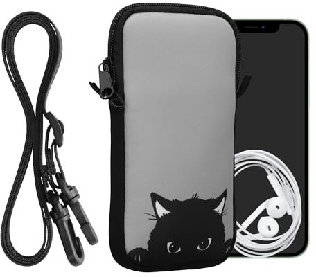kwmobile Handytasche für Smartphones XL - 6,7/6,8 - Neopren Handy Hülle Grau Schwarz - Handy Tasche mit Kette 17,2 x 8,4 cm Innenmaße - Neugierige Katze
