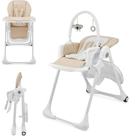 Kinderkraft Tummie, 2-in-1 high Chair, Baby Chair, Bouncer, Ergonomic, Comfortable, Reclining, Foldable, with Ajustable Height, Footrest, Detachable Tray, for Toddler, with Toys, Beige