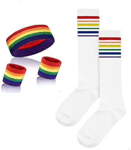 Pangogogo 5Stk Schweißband Handgelenk |2 Schweißband,1 schweißband Stirn &1Paar Socken|Geruchshemmend Schweissbänder für Fitness Yoga Volleyball &mehr (Rainbow)