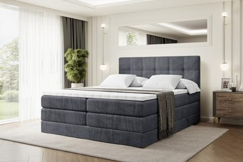ALTDECOR Boxspringbett mit Matratze und Lattenrost, Topper, Polsterbett mit Bettkasten, Bett mit Stauraum H3- und H4- Matratze, Doppelbett, Springboxbett - Marce King - 200x200 - Dunkelgrau Samt