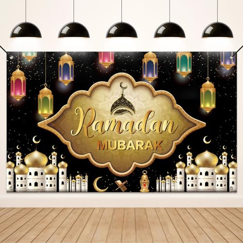 Koliphy Ramadan Mubarak Banner Deko, Ramadan Mubarak Deko Banner Muslim Gebete Ramadan Indoor Outdoor Al-Fitr Party Hintergrund Dekoration, 180 x 110cm (Schwarz)