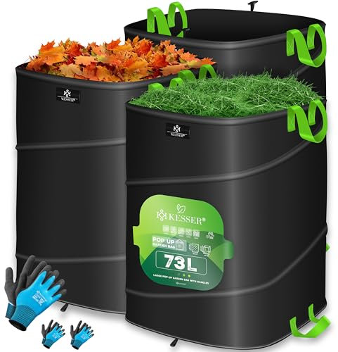 KESSER® Pop-Up-Gartensack 3x 73L Set Laubsack Gartenabfallsack inkl. Handschuhe | Selbststehend mit Griffen Stabil Robust & Faltbar | Laubsäcke Rasenschnitt Gartensäcke für Gartenabfälle Grünschnitt