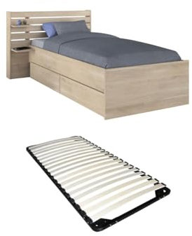 Vente-unique-Bett 90 x 190/200 cm mit Stauraum + Lattenrost - Holzfarben - TENALIA
