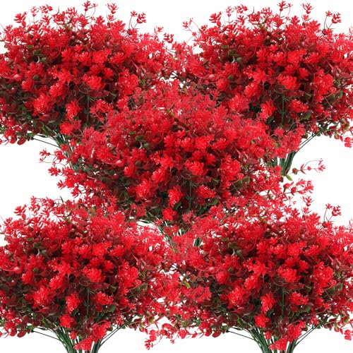 RECUTMS Fake Greenery Boxwood Plant Outdoor Artificial Flowers UV Resistant Fake Boxwood Plastic Plants Greenery Shrubs for Summer Indoor Outdoor Garden Patio Window Box Kitchen Home Decor(Red)
