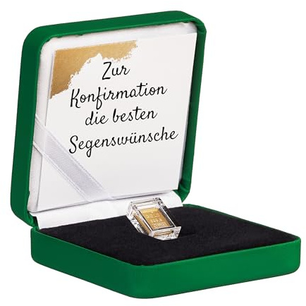 Goldstücke24 Gold zur Konfirmation - Goldbarren 1g in hochwertiger Kapsel inkl. Etui und Grußkarte (Etui grün)