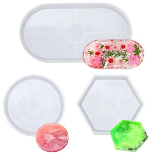 Mocrop 3 moldes de silicona para moldear bandejas, posavasos de resina epoxi, moldes para manualidades, decoración hexagonal, ovalada