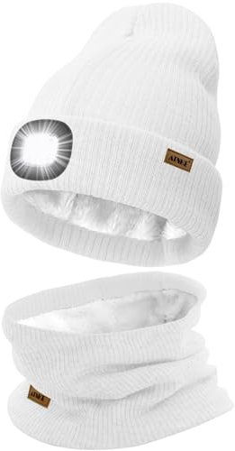 ATNKE LED Mütze mit Licht und Schal Set, Wiederaufladbare USB 4 LED Beleuchtete Laufmütze Winter Warme Gefütterte Fleece Halsschlauch und Stricken Mütze für Herren und Damen Geschenke/White