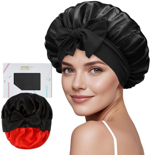 ZIMASILK 100% Mulberry Silk Bonnet for Sleeping Shower Caps Women Long Hair Double Layer Silk Hair Wrap with Elastic & Tie Band Cooling Hair Caps for Hair Care Stay On Head (1Pc, Black)