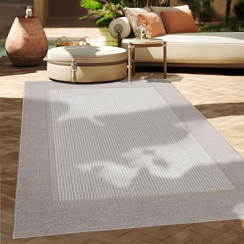 Paco Home Outdoor Teppich Flachgewebe Modern Boho-Style wetterfest & UV-beständig Ideal für Terrasse Balkon Wohnzimmer & Küche, Grösse:240x340 cm, Farbe:Beige 7