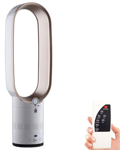 Ulisem Ventilateur tour Sans Pales de 65 cm, Refroidisseur d'air de Sécurité à Ions Négatifs Silencieux sur Pied, 8 Vitesses, Écran LED, Télécommande, Adapté aux Chambres et aux Bureaux (Or)