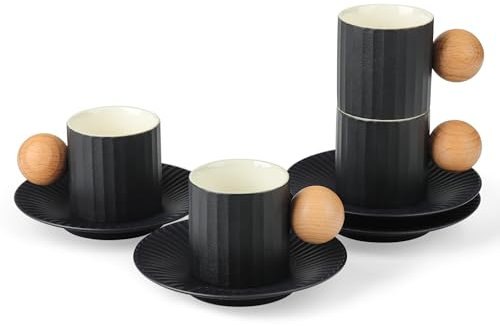 fanquare Black Coffee Cups and Saucer Set of 4 Ceramic Coffee Mug with Wooden Handle Espresso Cup Set for Tea Latte Mocha Café