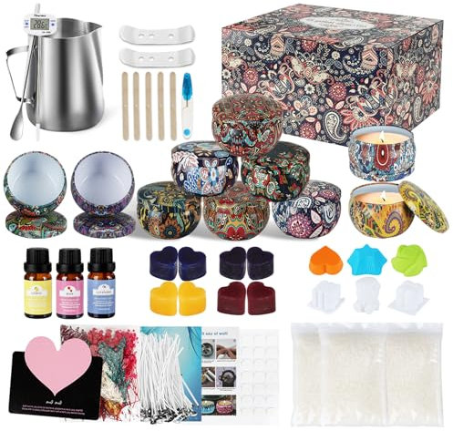UCAMP Set Candele Fai Da Te,Kit per Fabbricazione Candele DIY con 480g di Cera d'Api,10 Contenitori per Candele,Oli Essenziali,Blocchi di Colore,Pentola per Fusione,Stoppini,accessori per candele,ecc