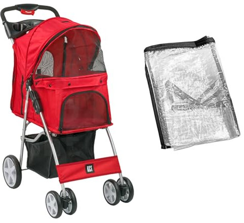 KCT Hooded Foldable Pet Dog Cat Stroller with Waterproof Rain Cover - Red - 4 Wheel Travel Carriage with Safety Leash, Canopy, Cup Holder, Storage Tray