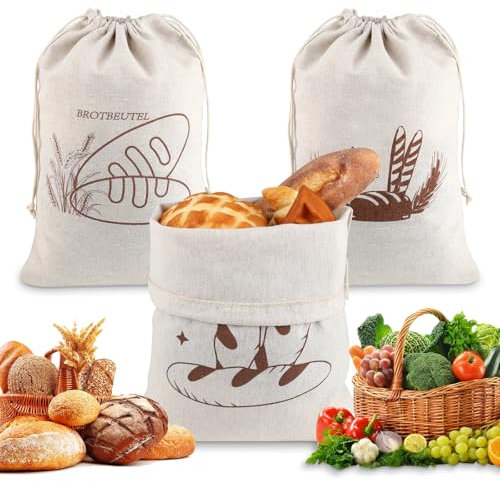 3 Stück Brotbeutel Leinen, 30 x 40cm Brotbeutel Aufbewahrung Frischhalten, Wiederverwendbar Brotsack mit Kordelzug, Leinenbeutel für Brot, Obst und Gemüse