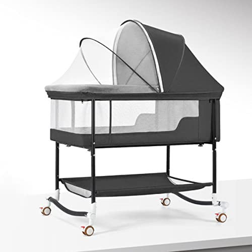 Beistellbett/Beistellbett, Schaukelbett für Kinder, höhenverstellbar, Transportrollen, tragbare Wiegen für Kinder im Alter von 0–24 Monaten, Kinderzimmerbett mit Moskitonetz (Farbe: Dunkelgrau)
