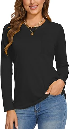 SMENG Long Sleeve T Shirts Women Crew Neck Basic Casual Ladies T Shirt Plain Classic Fashion Tops for Women UK Black L
