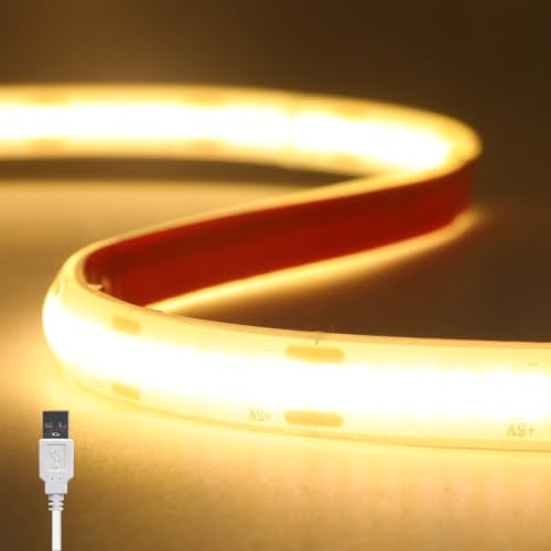 KAFULA Dimmable COB LED Strip Light 1M Warm White 3000K, 320 LEDs/m Waterproof Flexible Silicone FCOB LED Rope Light, 5V USB Powered LED Fairy Light, Kitchen Bedroom Mirror Decoration