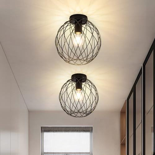 Glitzerlife Deckenleuchte Deckenlampe Schwarz Industrial - 2ER Vintage Flurlampe E27 1 Flammig Retro Käfig Metall Lampenschirm Gang Korride Küche Wohnzimmer Esszimmer Schlafzimmer 25CM
