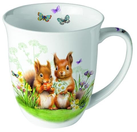 Ambiente Kaffeetasse Tee Becher Mug 0,4l Eichhörnchen Wiese Blumen Fine Bone China Porzellan Frühling Sommer Ostern serie little squirrels