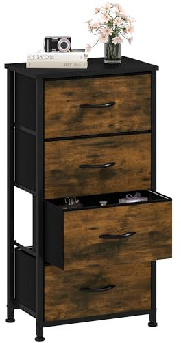 DWVO Kommode mit 4 Schubladen, Schrank aus Stoff mit Griffen, Metallgestell & MDF-Holzplatte, langlebig, für Schlafzimmer & Wohnzimmer,Rustikal Braun