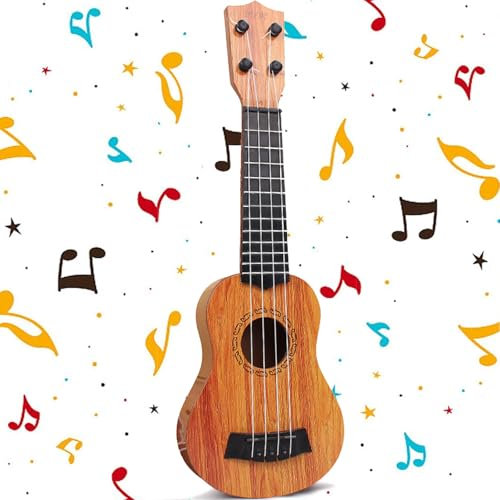 Mini Gitarre, Kindergitarre, Kunststoff Spielzeug Gitarre, Ukulele Gitarre Spielzeug, Gitarre Spielzeughen, Ukulele Kinder mit 4 Verstellbaren Seiten, für Kleinkinder (38cm / Helle Kaffeefarbe)