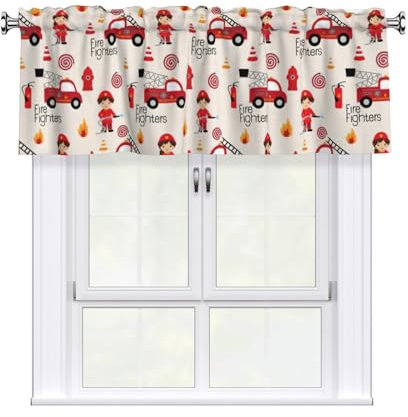Koloqren Vorhang mit süßem Feuerwehr-Druck, halbes Fenster, 137 x 45 cm, kurze Vorhänge mit Stangentasche
