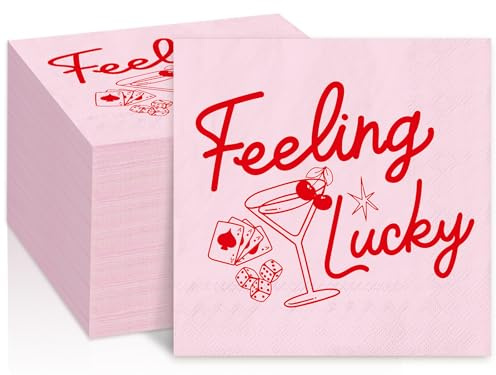 FYSUIMU Papierservietten mit Aufschrift Lucky in Love, Rosa, Cocktail, Poker, Würfel, Einweg-Servietten, Abendessen, Handservietten für Casino, Junggesellinnenabschied, Brautparty, Party