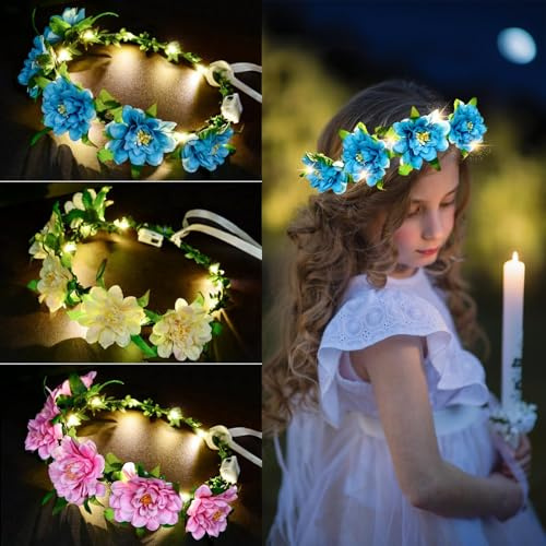 Herbst LED Blumenkranz Stirnband, 3 Stück Blumenkranz | Haare Damen und Mädchen Kopfschmuck Boho, Haarkranz Leuchtend für Festival Geburtstag Weihnachten Hochzeit Party (C)