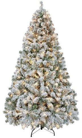 Prelit Snow Flocked Christmas Tree 7.5ft, Warm White LED Artificial Xmas Tree with 1321 Tips, Easy Assembly Metal Stand, Home Holiday Decor, White Christmas Tree
