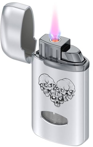 CLICKON Sturmfeuerzeug Winddicht, Jet-Feuerzeug Wiederbefüllbar mit Rosa Flamme & Totenkopf Design, Sichtfenster für Gasstand, 43g Leicht, Geschenk für Männer (Ohne Gas)