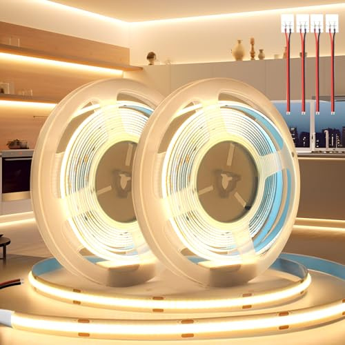BRIMETI LED Streifen 12V 10M LED Strip COB Selbstklebend Warmweiss 3000K 8mm Breite 320LEDs/M, Flexibel IP20 Licht Band Leiste Mit Verbinder DIY, für TV, Beleuchtung Schlafzimmer (ohne Netzteil)