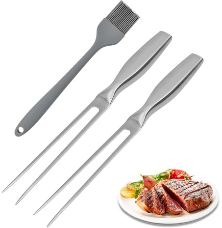 2 Stück Fleischgabel Edelstahl 27 CM Lang Grillgabel mit Ölbürste Tragbar | Ergonomischem Griff Grillgabel Tranchiergabel für Grillen Tranchieren Küche Truthahn Braten Abendessen Tranchieren