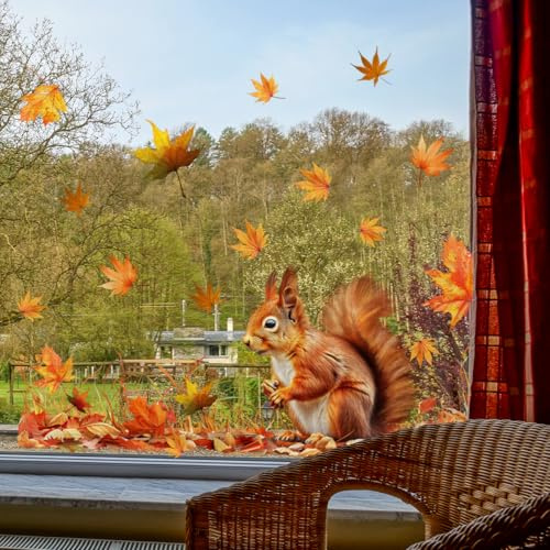 WandSticker4U®- Fensterbilder Herbst selbstklebend EICHHÖRNCHEN & HERBSTBLÄTTER (67x49 cm) I Fenstersticker Herbstdeko Fenster Wohnzimmer I Fensterdeko Herbst Kinderzimmer wiederverwendbar GROß