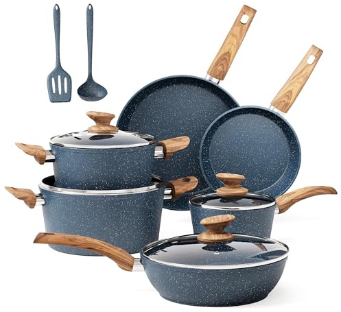 DishDelight Topfset Pfannenset Induktion Töpfe Set 12-teilige Granit-Antihaftbeschichtung Kochtopf Topf Pfannen für Induktionsherd Bratpfanne mit Glasdeckeln