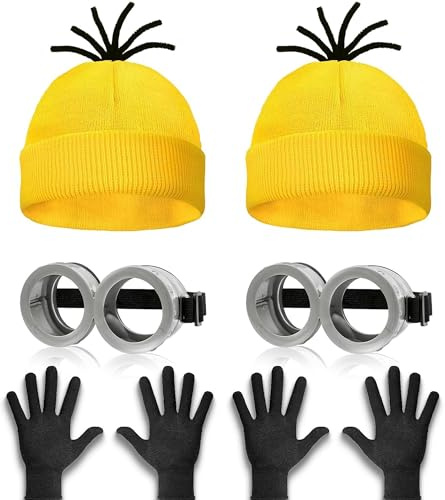 Shengruili 6 Stück Minion Kostüm Zubehör,Gelbes Kostüm Set für Cosplay,KostümCosplay for Erwachsener and,Faschingskostüm,Steampunk Brille,Schwarze Handschuhe und Gelbe Beanie Hüte