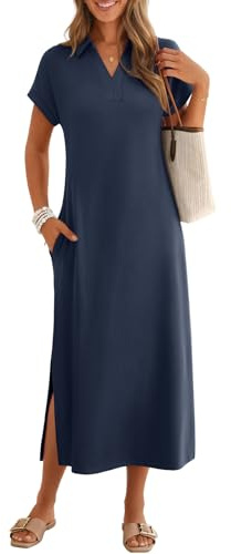 MEROKEETY Women's Summer Casual Maxi Dress 2026 Cap Sleeve V Neck Collared Beach Vacation T Shirt Long Dresses, Navy, Small