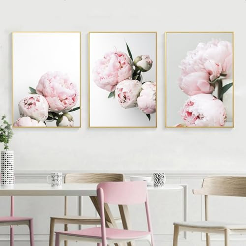 Generisch 3er Poster Set, Rosa Pfingstrose Blumen Nordic Leinwand Poste, Modern Ästhetische Bilder Wanddeko Wandbilder, für Schlafzimmer Kinderzimmer Büro Wanddeko, Ohne Rahmen (50x70 CM)