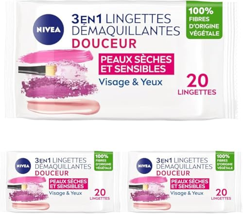 NIVEA - Lingettes Démaquillantes 3 En 1 - Efficacité Waterproof - Visage, Yeux, Lèvres - Douceur & Hydratation - Pro-Vitamine B5 & Hydramine - Fibres D'Origine Végétale - Peaux Sèches - x 20
