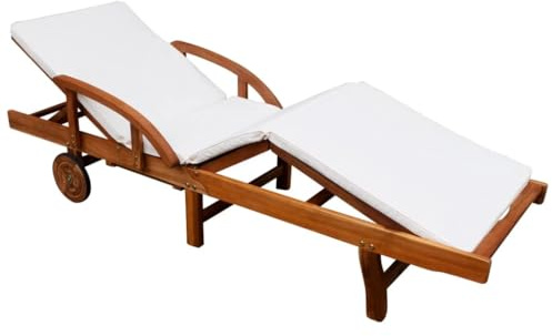 Owoxanthellate Sonnenliege Akazie Massivholz 200x68x83 cm verstellbare Gartenliege mit Rollen und Ausziehtisch cremefarbene Auflagen wetterfest für Garten Terrasse Balkon