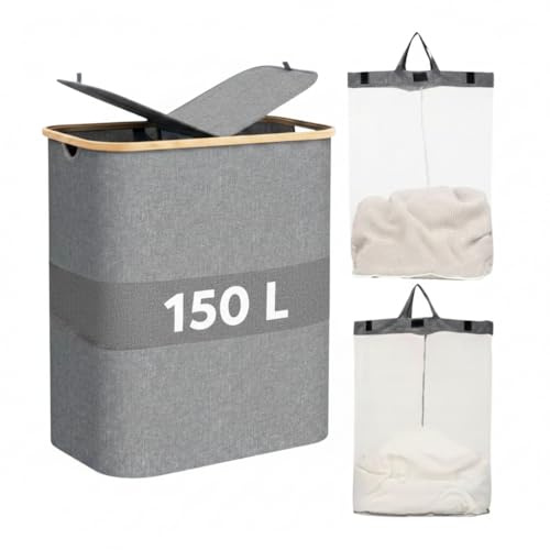 Cesto Porta Biancheria 150 L con Coperchio e 2 Scomparti | Pieghevole, Sacco Interno Rimovibile, Con Maniglie, Per Bagno, Camera e Lavanderia
