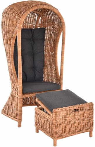 Korb-Outlet Strandkorb 1-Sitzer Beach aus echtem Rattan Rattansessel Flecht-Sessel mit Dach Single für eine Person (Natur mit Hocker)