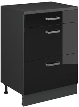 Vicco Erweiterungskommode Rion, Schwarz Hochglanz/Anthrazit, 60 x 46 cm ohne Schräge mit 3 Schubladen, kombinierbar mit Rion Dachschrägenschränken und Schrankmodulen