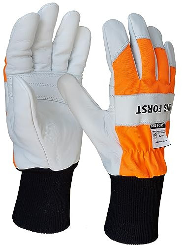 SWS Forst GmbH Schnittschutzhandschuh aus Leder Forsthandschuh Lederhandschuh Klasse 1 20 m/s weiß/orange Gr.S
