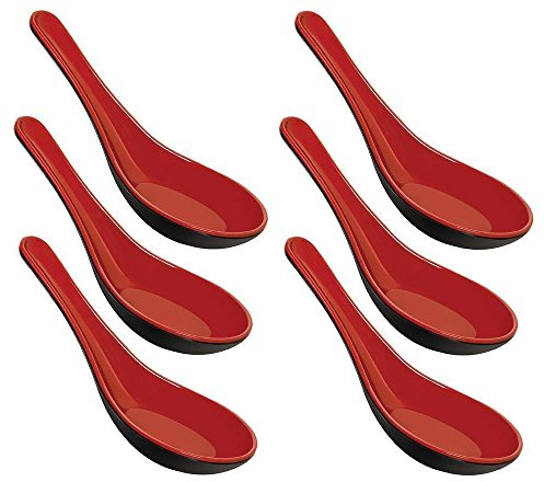Happy Sales Melamine Soba, Rice Spoons, Chinese Won Ton Soup Spoon, Asian Red and Black, 6 Pack Plain Style