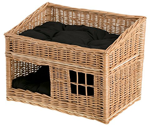 e-wicker24 Alles aus Weide - Cuccia rettangolare per gatti in colore naturale, cestino per gatti in vimini con due piani, con cuscino e finestra