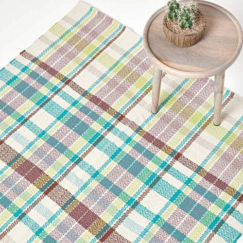Homescapes Teppich/Vorleger Wilson mit traditionellem Tartan-Muster aus Schottland, 100% Baumwolle, handgewebter Baumwollteppich mit Chevron-Webart 70 x 120 cm, braun-gelb-blau Schottenkaro