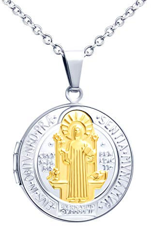 MicLee Damen Kette Bild Foto Jesus Kreuz Rund Medaillon zum öffnen mit Kette Photo Bilder Amulett Edelstahl Anhänger Halskette mit Geschenkbox Grußkarte Super Geschenk für Mutter Tochter