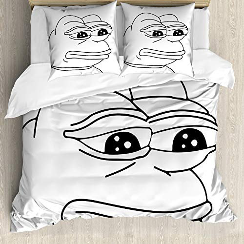 ABAKUHAUS Humor Bettwäsche Set für Doppelbetten, Weinend Frosch Meme Cartoon, Weicher Microfaserstoff Allegigeignet kein Verblassen, Schwarz Weiß